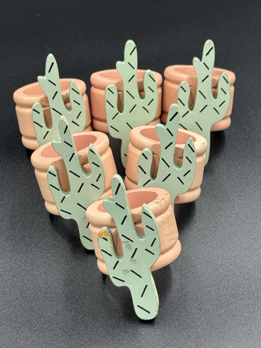 Vintage Wooden Cactus Napkin Rings –Set of 6 Southwestern Decor – Made in Taiwan